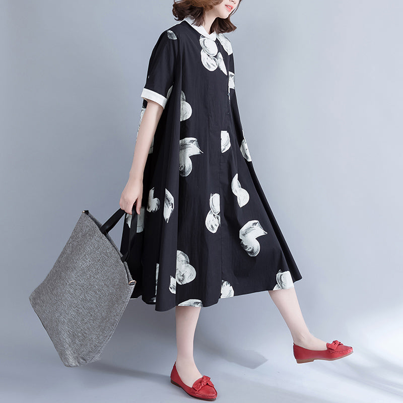 Boutique Black Prints Pure Chiffon Dress Oversize Chiffon Clothing Dresses Fine Big Hem Lapel Collar Chiffon Shirt Dress