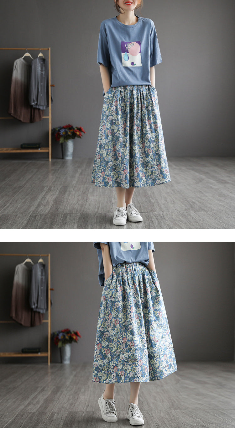 Literary Pleated Elastic Waist A-line Skirt