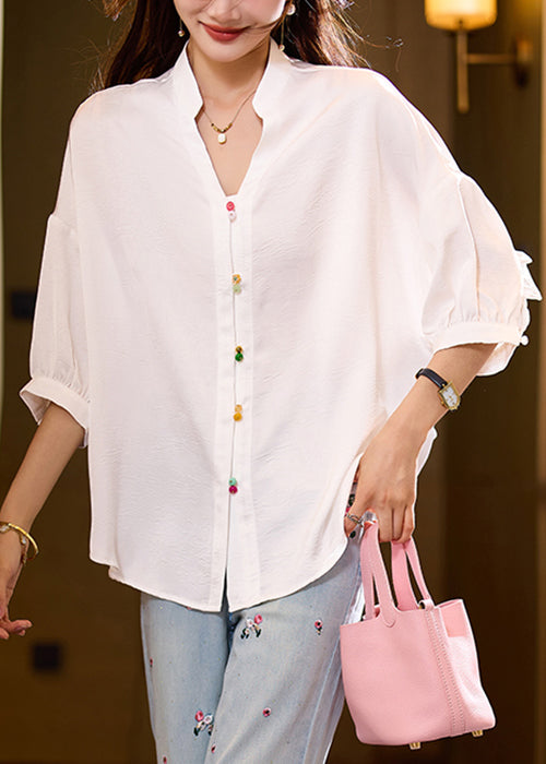 Loose White Ruffled Button Blouses Bracelet Sleeve