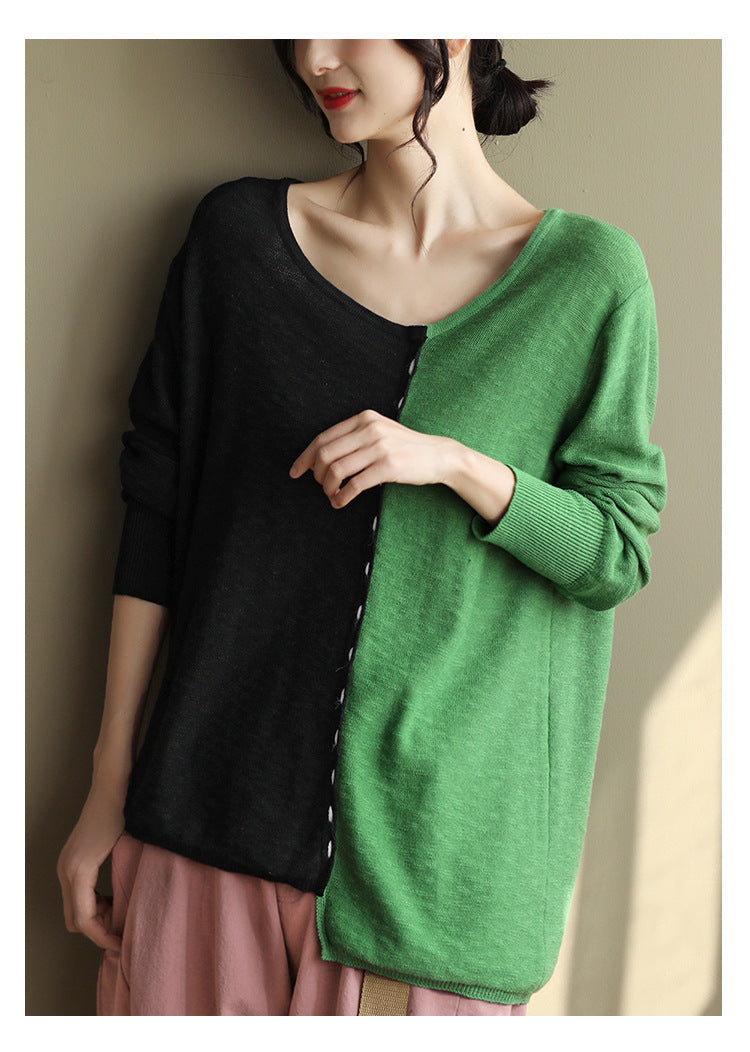 New Literary Retro Color Matching Knitted Top