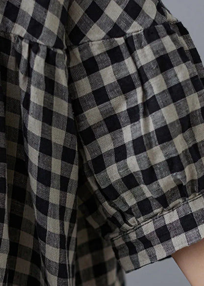 O-neck Wrinkled Pocket Plaid Linen Loose Dresses Half Sleeve