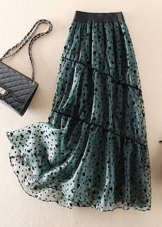 French Green Wrinkled Patchwork Tulle Skirt Spring