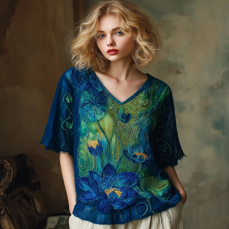 Women's Vintage Lotus Floral Landscape Art Embroidery Sleeve Shirt elevenforest