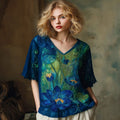 Women's Vintage Lotus Floral Landscape Art Embroidery Sleeve Shirt