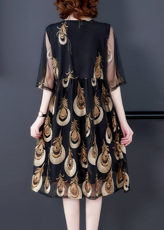 Black Embroidered Tulle Patchwork Wrinkled Chiffon Dress Half Sleeve