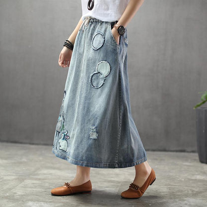 Cozy Thin Cartoon Embroidered Patch Swing Denim Skirt