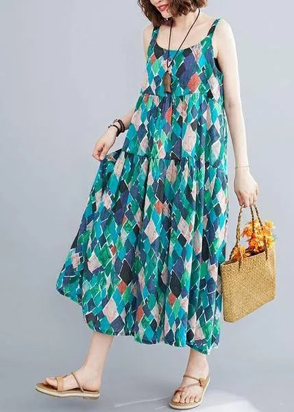 Diy Green Print Cotton Linen Dress Spaghetti Strap Patchwork a Line Summer Dress