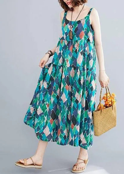 Diy Green Print Cotton Linen Dress Spaghetti Strap Patchwork a Line Summer Dress
