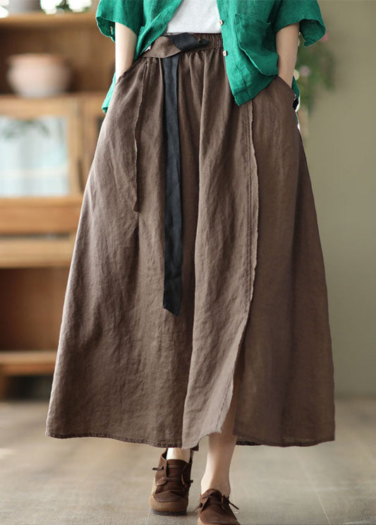 Chocolate Linen a Line Skirt Side Open Pockets Summer