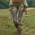 Vintage Purple Lavender And Floral Embroidered Casual Leggings elevenforest