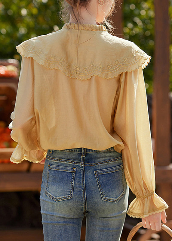 Yellow Sailor Collar Patchwork Shirts Lantern Sleeve