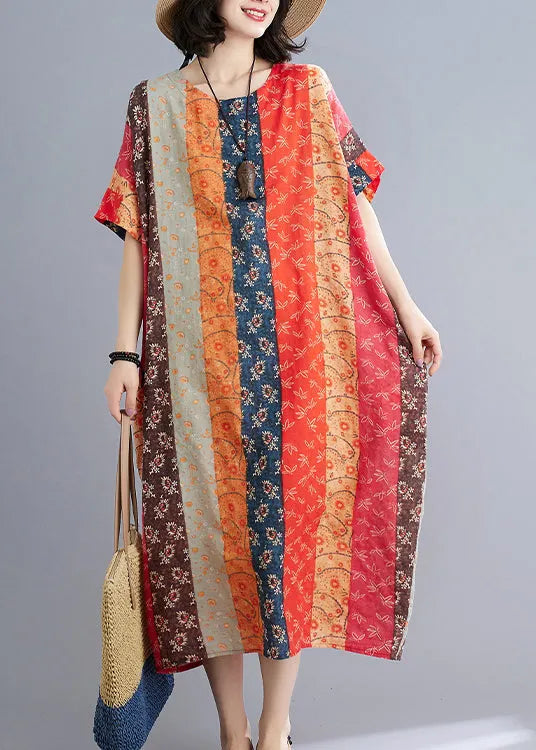 Loose Coffee Orange O-neck Print Beach Dresses Short Sleeve