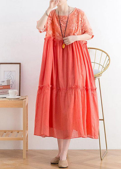 Summer French Orange Patchwork O-neck Cotton Long Dresses
