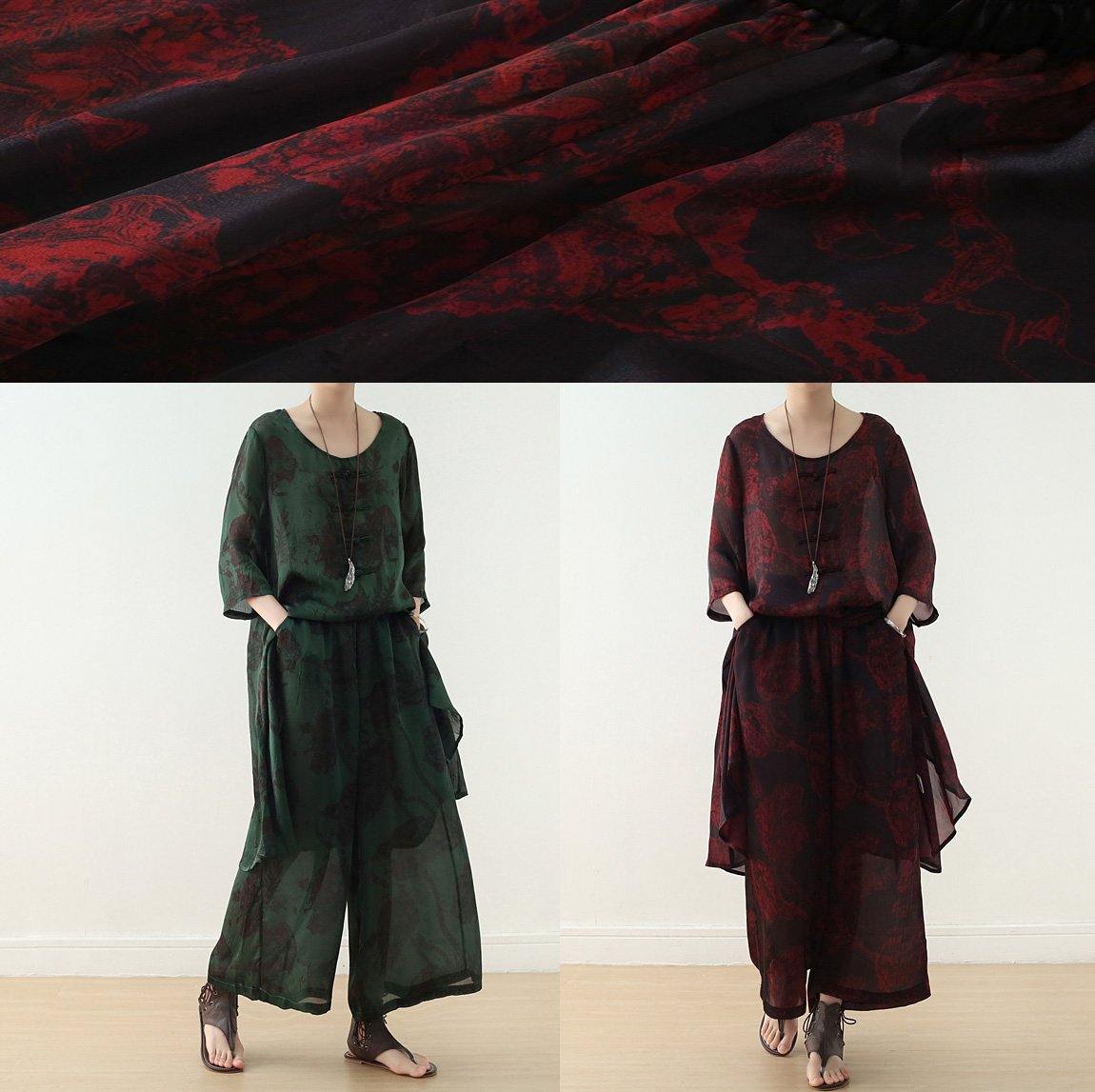 Red Prints Two Pieces Bracelet Sleeved Dress and Wide Leg Pants