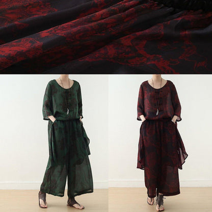 Red Prints Two Pieces Bracelet Sleeved Dress and Wide Leg Pants