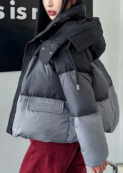 Grey Zip Up Pockets Duck Down Hooded Jacket Winter