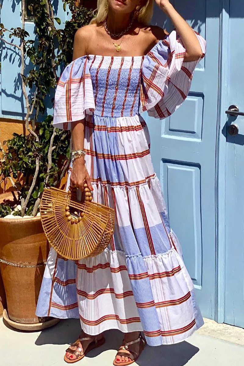 Print Patchwork Off the Shoulder Cake Dresses(3 Colors)
