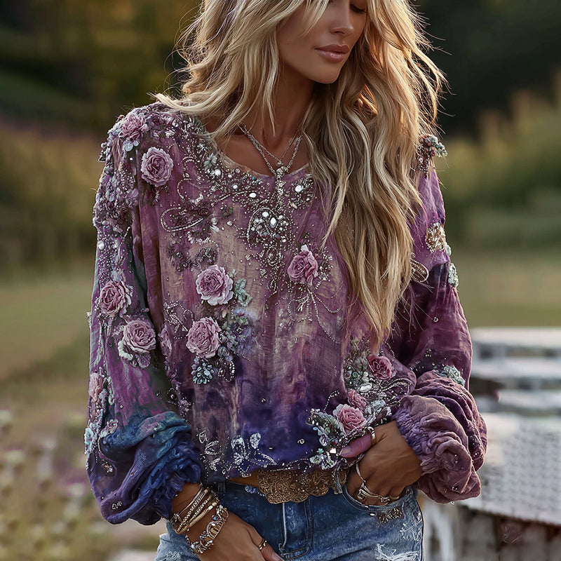 Retro Boho Rose Embroidered Sequined Long-sleeved T-shirt elevenforest