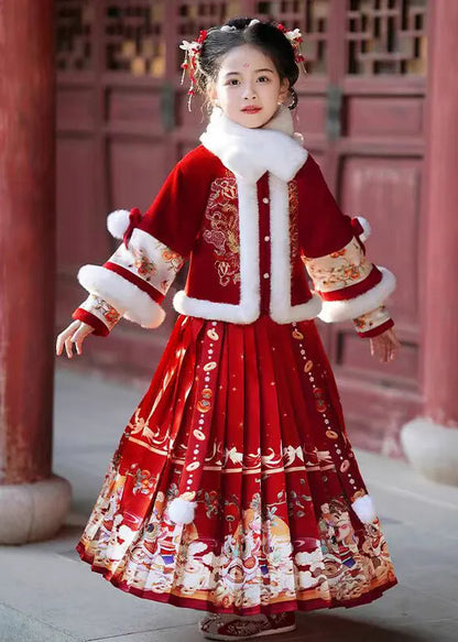 Champagne Fur Collar Button Kids Coats and Maxi Skirts Two Pieces Set Winter