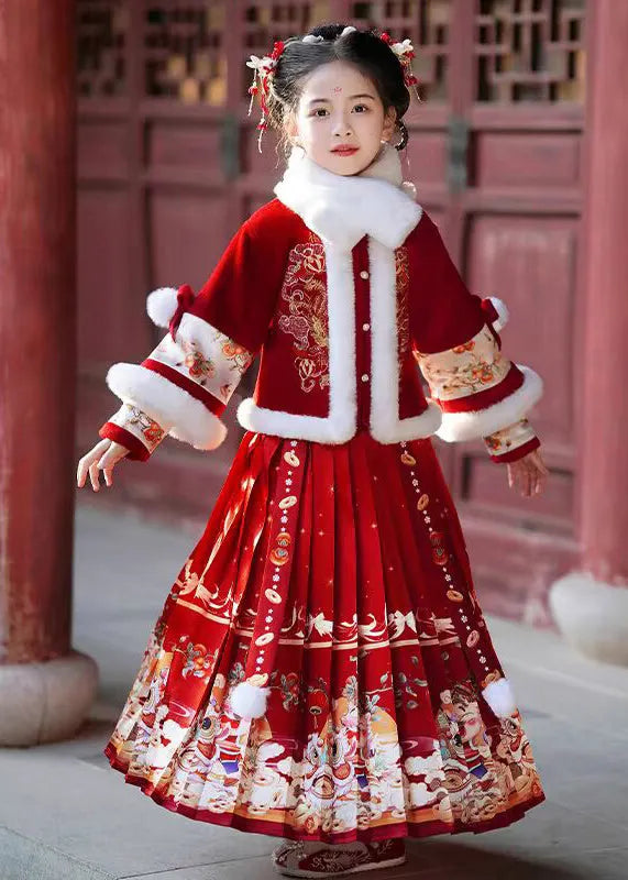 Champagne Fur Collar Button Kids Coats and Maxi Skirts Two Pieces Set Winter