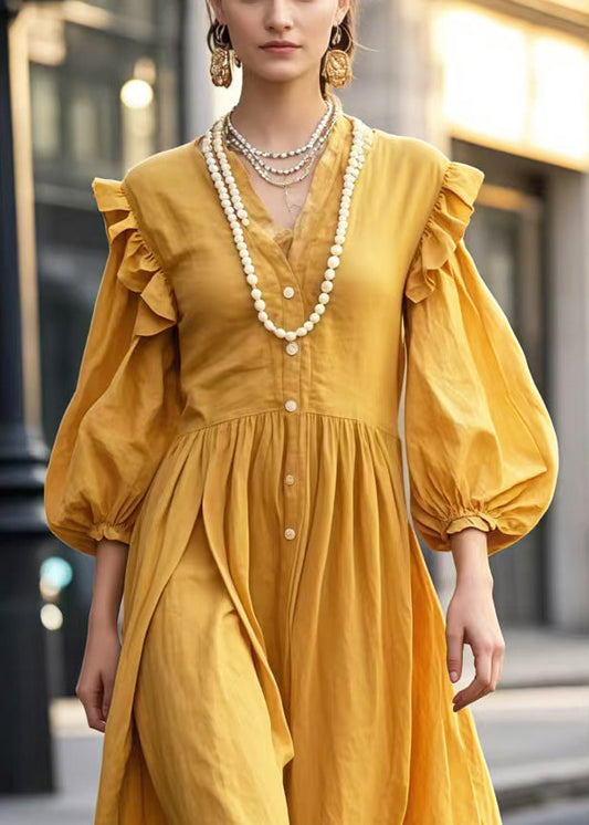 Yellow V Neck Cotton Holiday Dress Lantern Sleeve