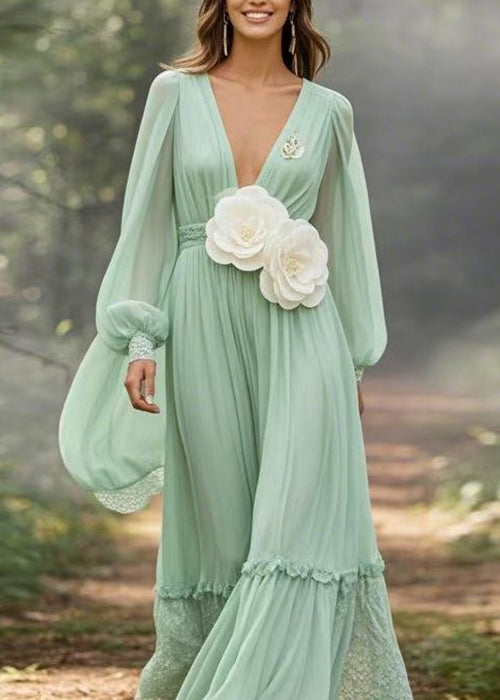 Boutique Light Green Ruffled Patchwork Chiffon Maxi Dresses Spring