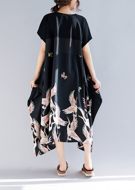 Loose Black Print Linen Clothes Shirts O Neck Asymmetric Long Summer Dress