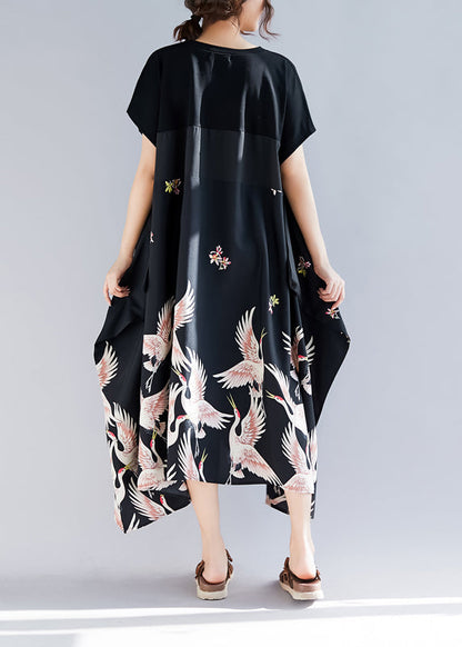 Loose Black Print Linen Clothes Shirts O Neck Asymmetric Long Summer Dress
