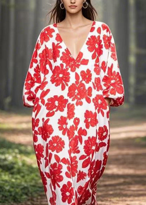 Red V Neck Print Pockets Silk Long Dresses Spring