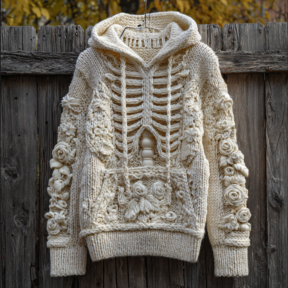 Comstylish Halloween Anatomy Art White Flower Hooded Sweater