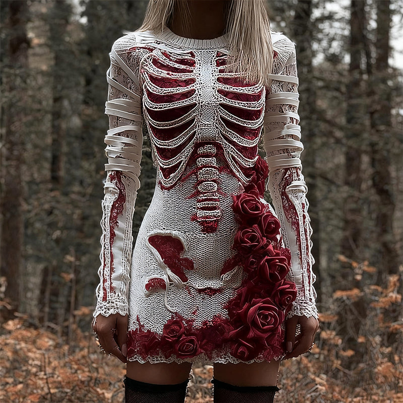 Comstylish Bloody Roses Skeleton Art Bandages Knit Sweater Dress