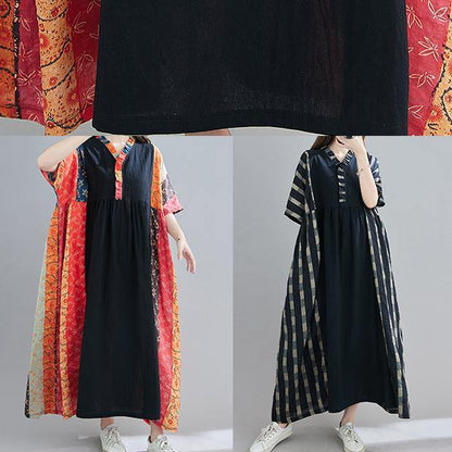 Diy Red Print Tunic V Neck Patchwork Spring Dresses