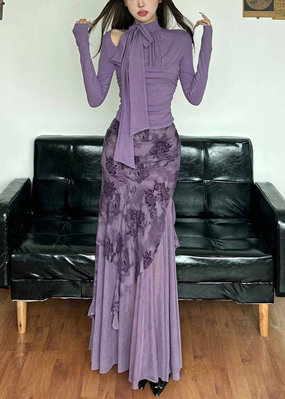 Novelty Purple Lace Up Tulle Patchwork Tops and Skirts Two-piece Set Spring