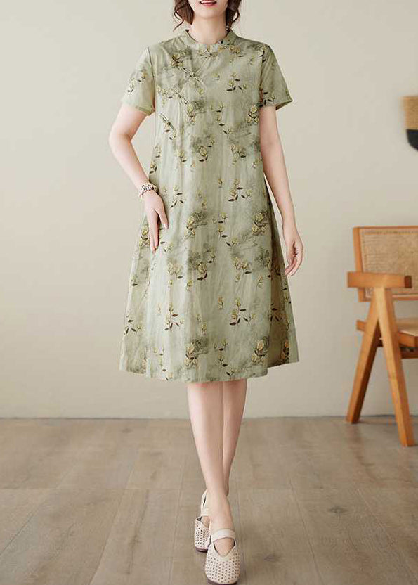 Green Stand Collar Print Button Cotton Dress Summer