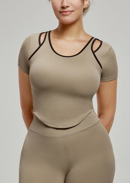 Khaki Patchwork Hollow Out Yoga Tank Tops Summer