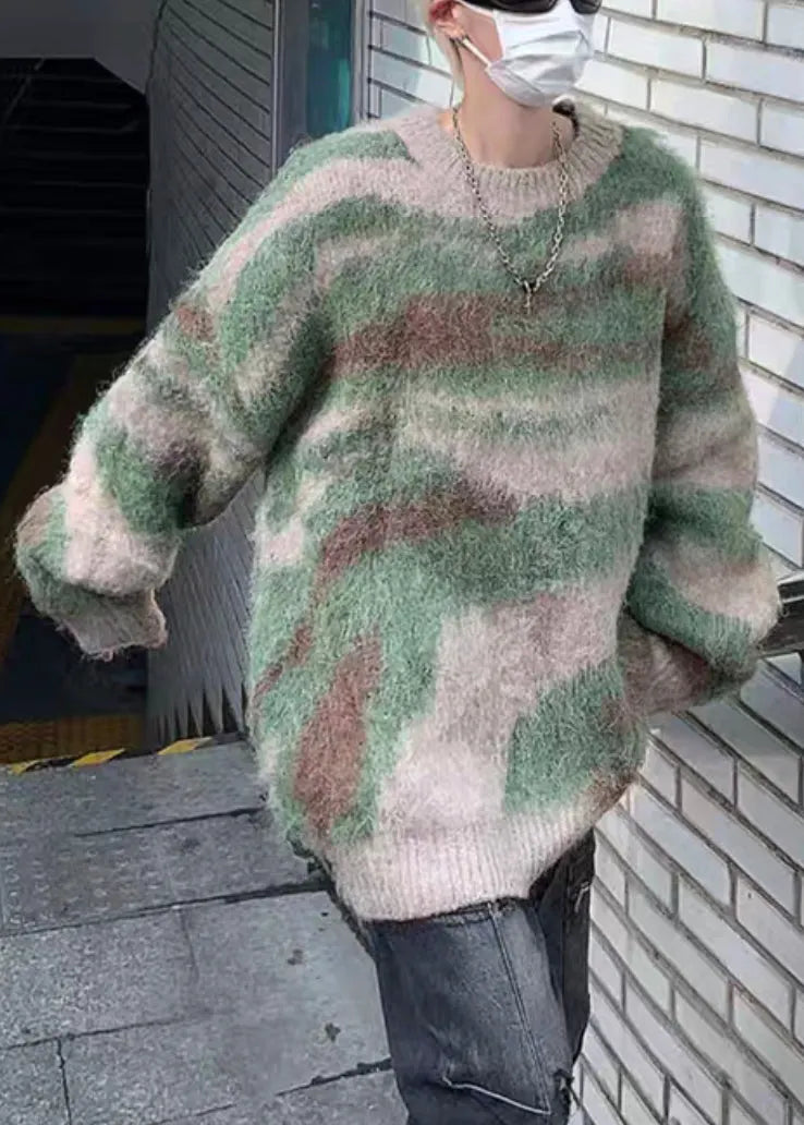 Green Striped Patchwork Knit Sweaters Winter