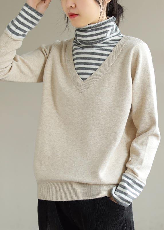 Comfy Beige Blouse Patchwork High Neck Knitted Blouse