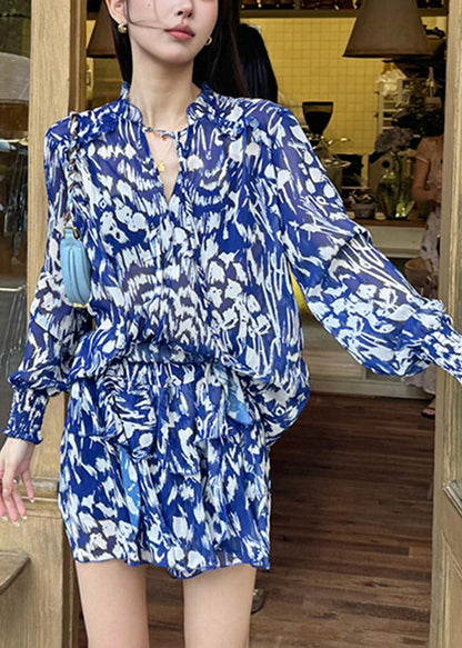 Stylish Blue Print Shirts and Skirts Cotton Two Pieces Set Summer