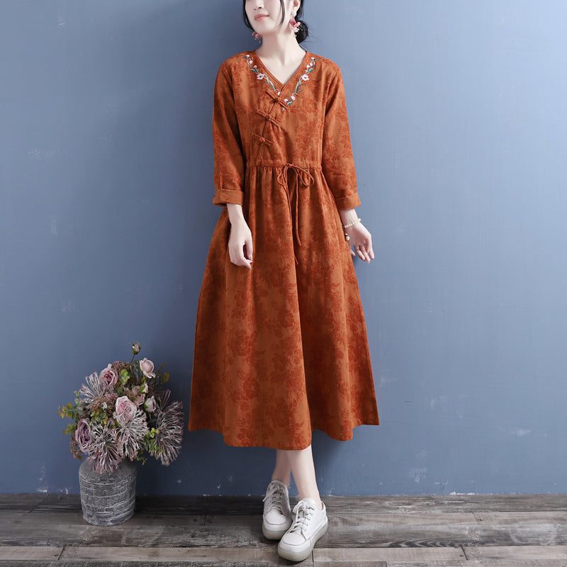 Autumn Cotton Linen Embroidery Retro Dress