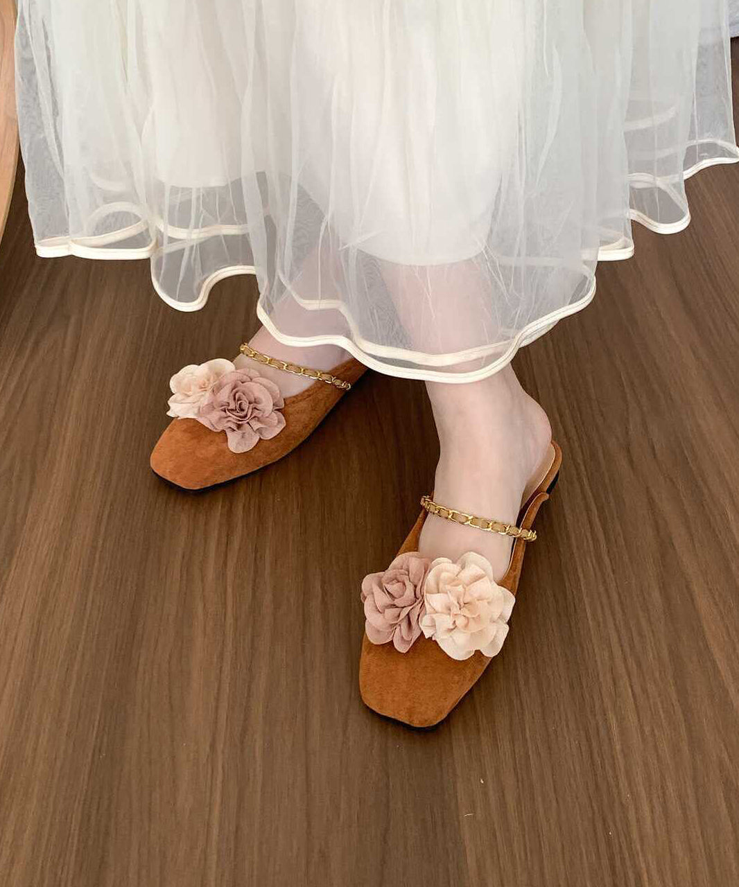 Beige Suede New Retro Splicing Slide Sandals
