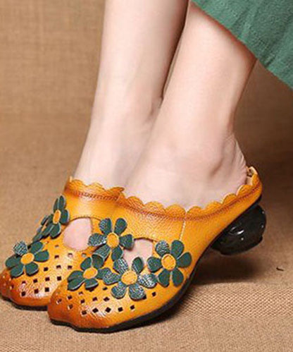 Hollow Out Yellow Cowhide Leather Slide Sandals