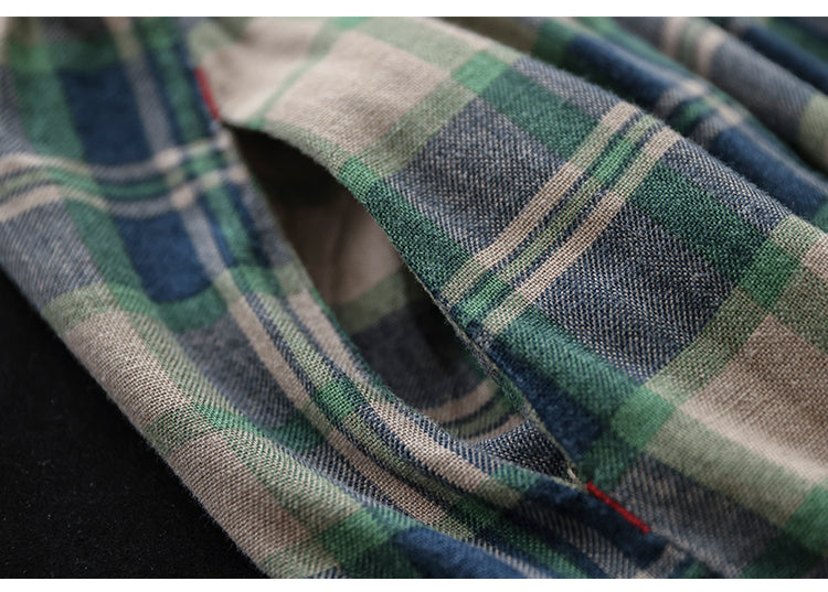 Cotton and Linen Check Elastic High Waist A-line Skirt