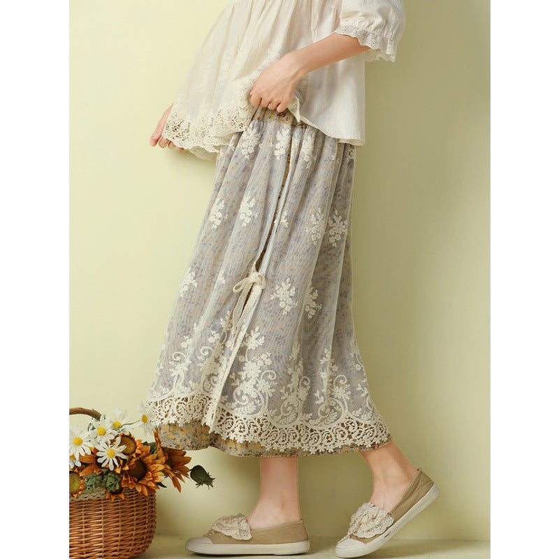 Cozy Linen Retro Embroidery Lace Mesh Skirt
