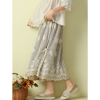 Cozy Linen Retro Embroidery Lace Mesh Skirt