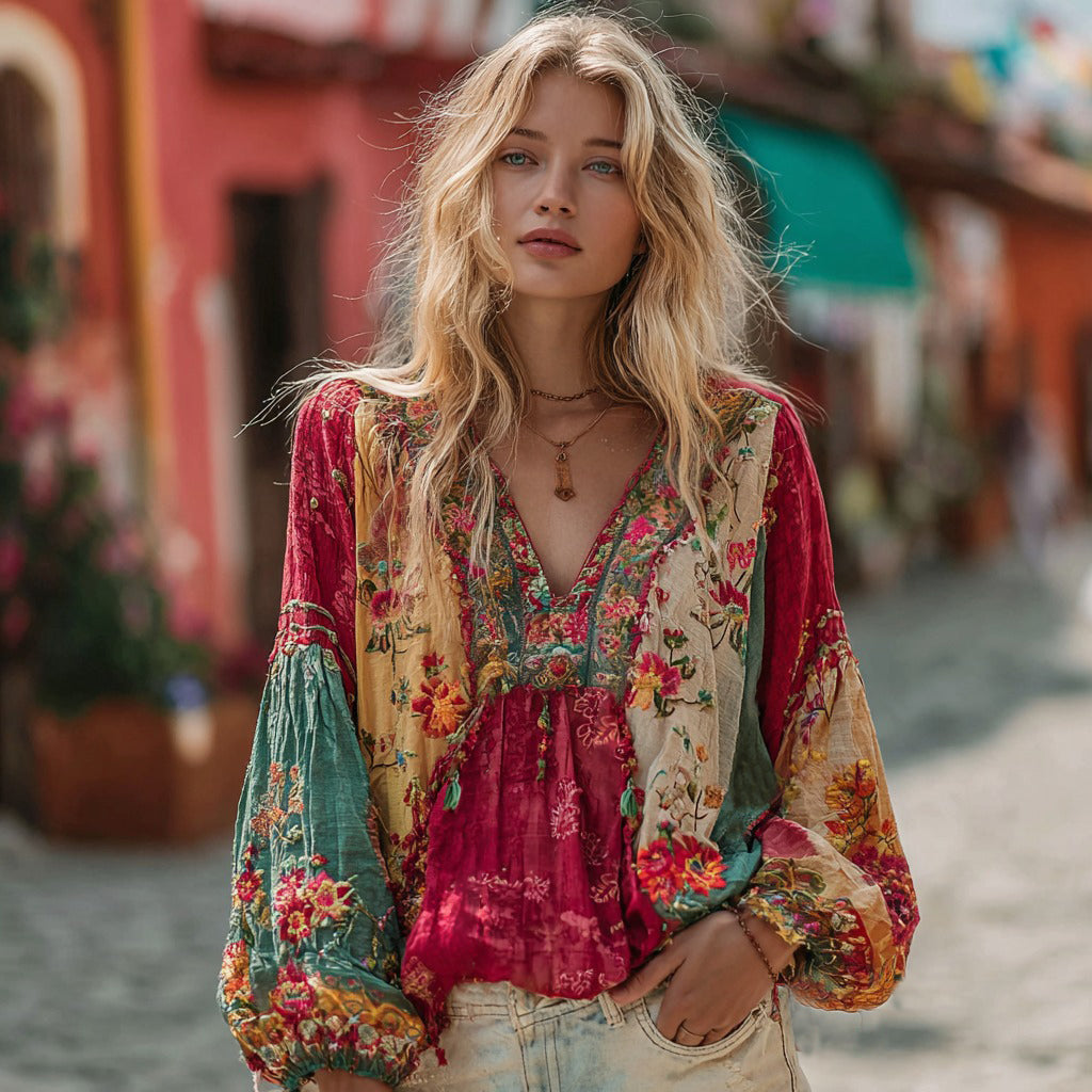 Women's Bohemian Ethnic Floral Colorblock Art Linen Blend V-neck Shirt elevenforest