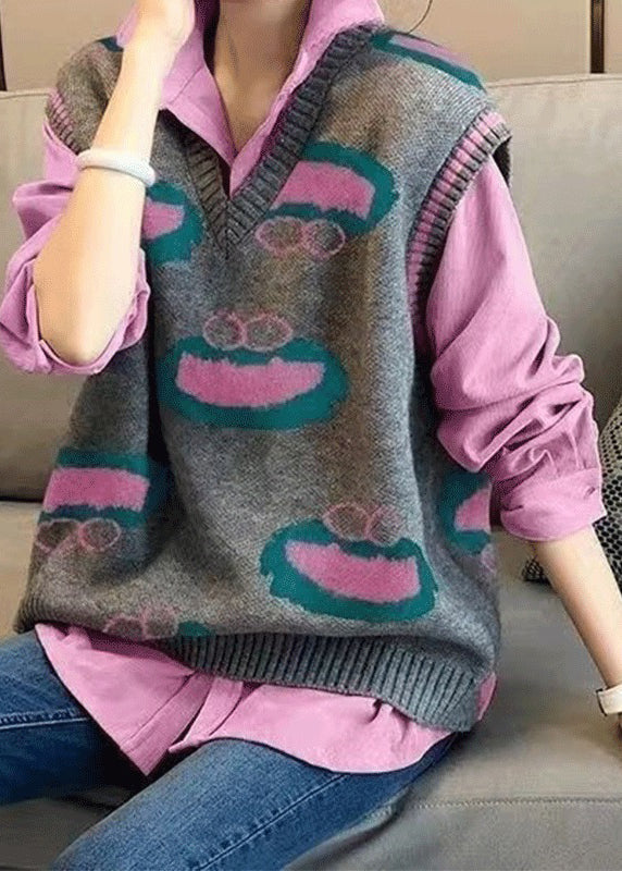 French Rose Peter Pan Collar Shirts and Vest Knit Two Pieces Set Fall