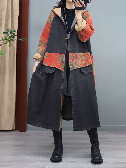 Denim Patchwork Print Hooded Long Coat