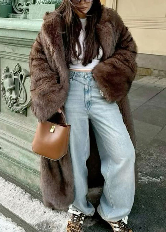 Brown Peter Pan Collar Pockets Faux Fur Coats Winter