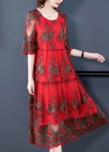 Red O-neck Embroideried Tulle Vacation Dress Half Sleeve