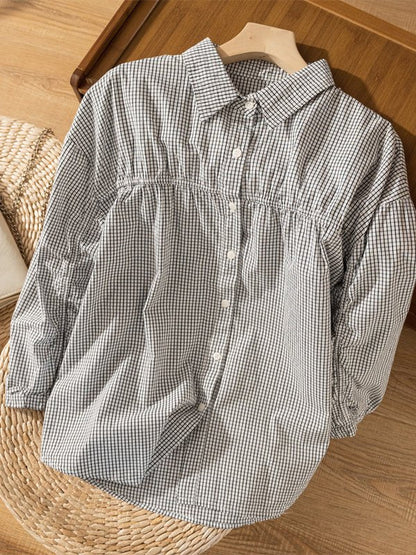 100% Natural Fabric Plaid Literary Retro Commuter Loose Shirt